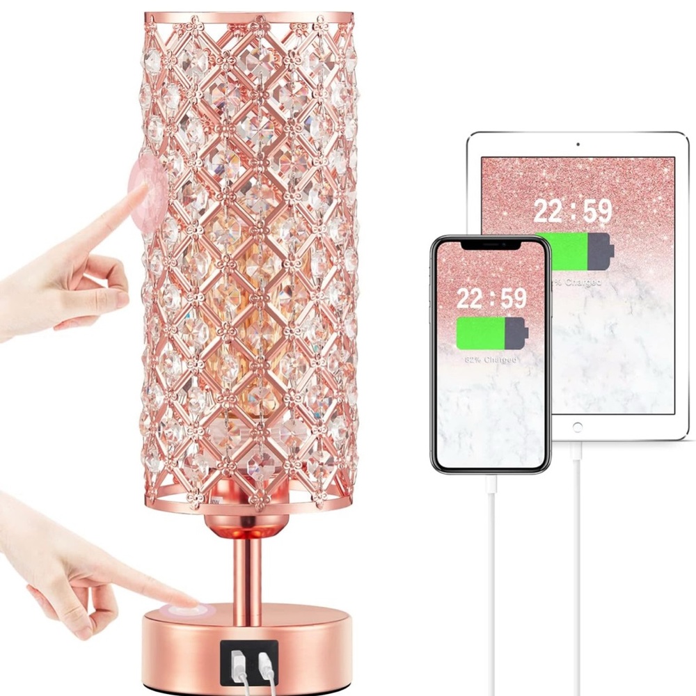 Rose Gold Crystal Touch Lamp with USB Ports (2)